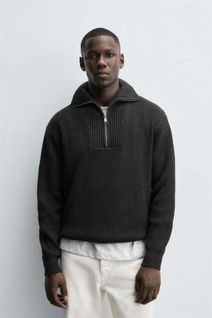 Джемпер вязаный жемчужный с воротником на молнии- Заказать в России