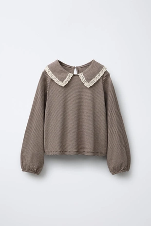 Топ в полоску с круглым воротником и кружевом- Заказать в России