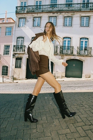 Ecru / Brown | 1165/419/086 - Zara Комбинированный короткий комбинезон с завязкой