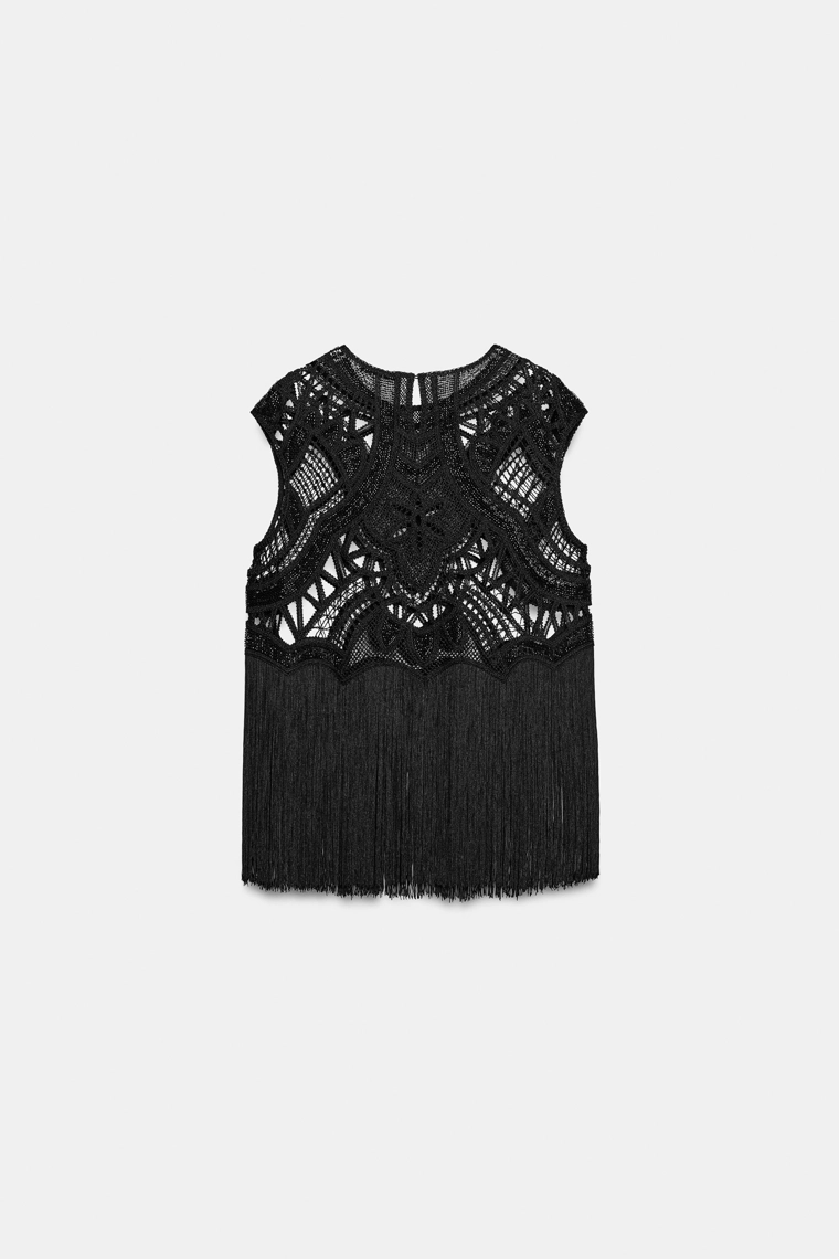Вязаный топ с бисером и бахромой zw collection