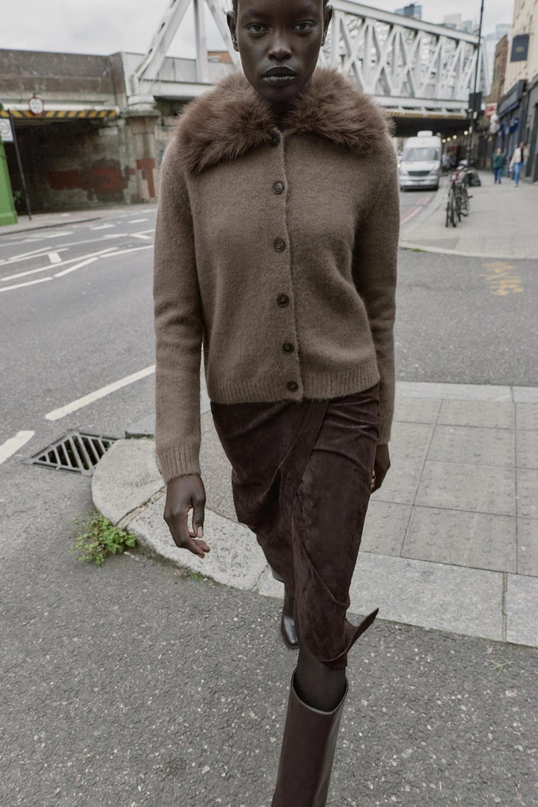 Кардиган с вязаным воротником из искусственного меха