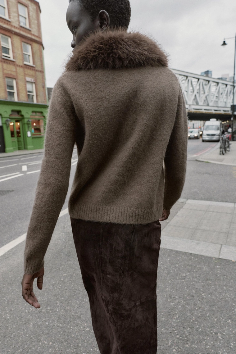 Кардиган с вязаным воротником из искусственного меха