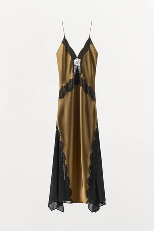 Комбинированное атласное платье с кружевом- Заказать в России
