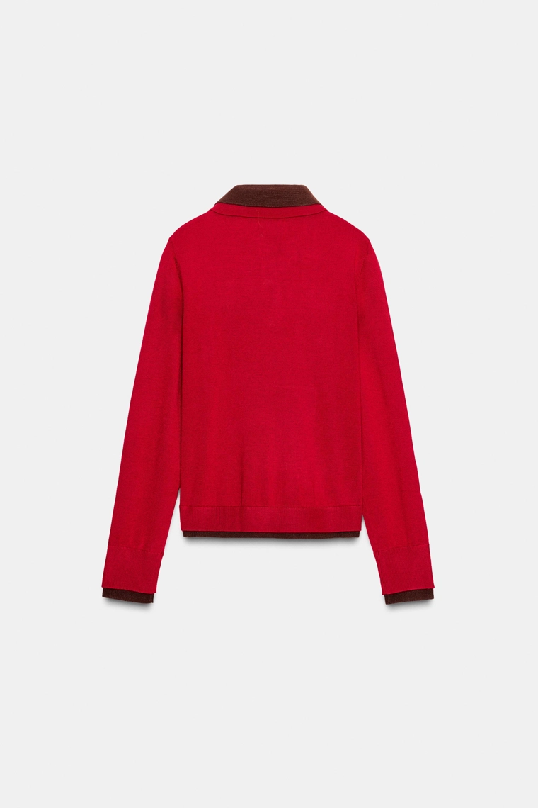 Поло-свитер с контрастным вязаным узором