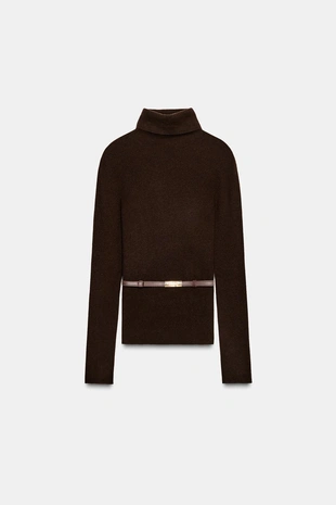 Свитер из 100% шерсти с высоким воротником и ремнем- Заказать в России