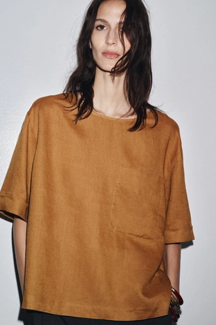 Топ из льна с короткими рукавами ZW COLLECTION- Заказать в России