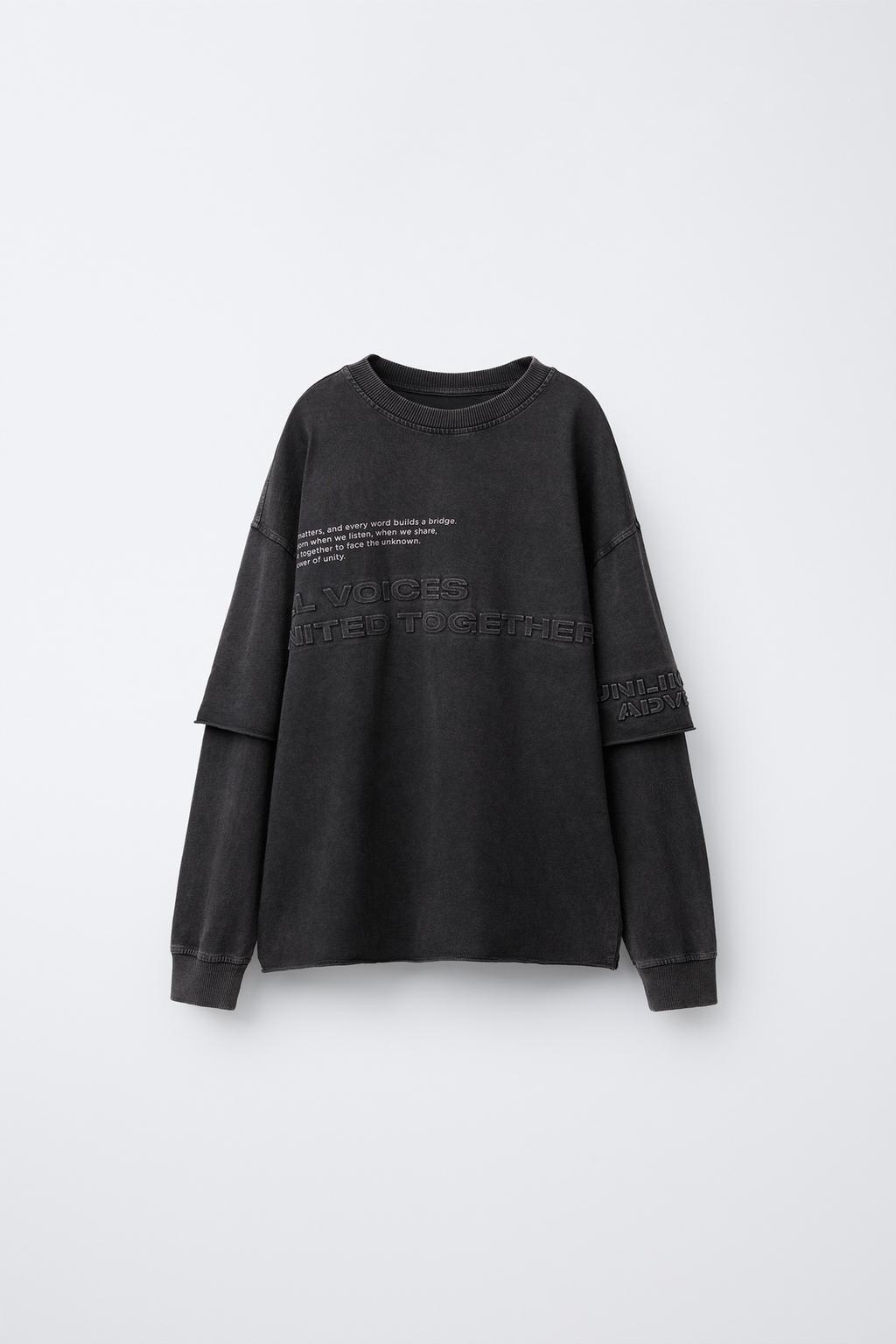 FADED-EFFECT T-SHIRT WITH DOUBLE SLEEVES AND RAISED SLOGAN