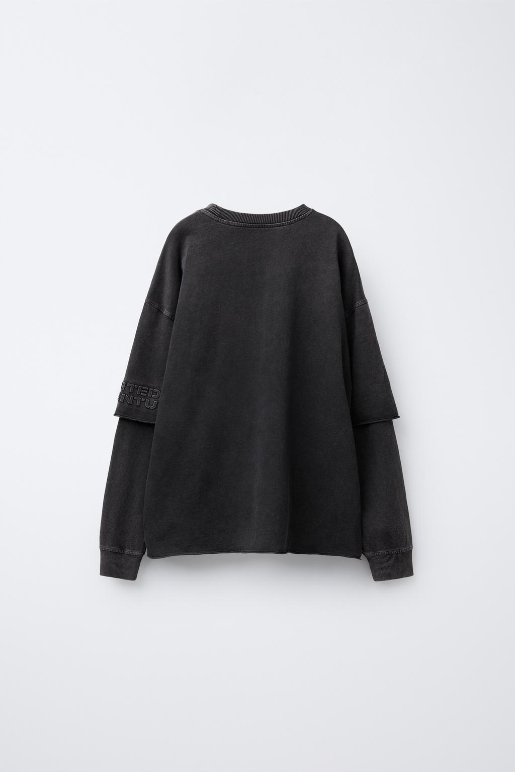 FADED-EFFECT T-SHIRT WITH DOUBLE SLEEVES AND RAISED SLOGAN