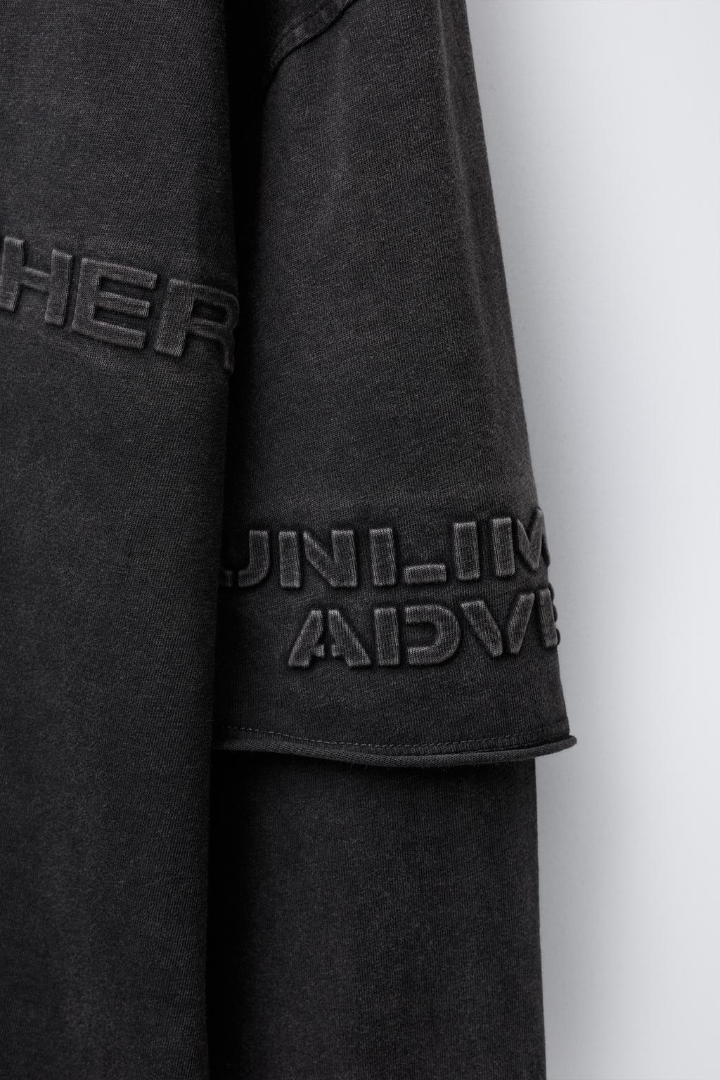 FADED-EFFECT T-SHIRT WITH DOUBLE SLEEVES AND RAISED SLOGAN