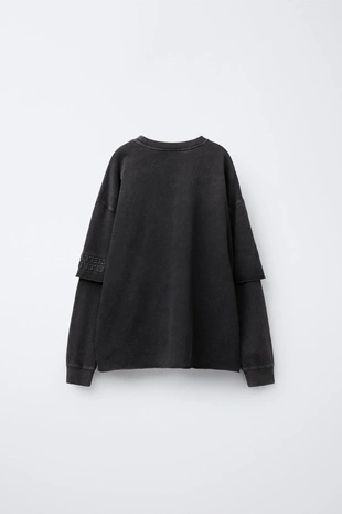 Anthracite grey | 8675/653/807 - Zara FADED-EFFECT T-SHIRT WITH DOUBLE SLEEVES AND RAISED SLOGAN