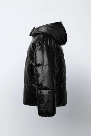 SHINY HOODED PUFFER JACKET WITH FAUX FUR LINING