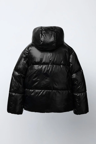 SHINY HOODED PUFFER JACKET WITH FAUX FUR LINING