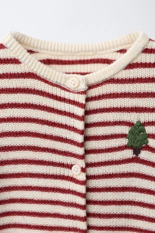 Burgundy | 2209/480/605 - Zara Вязаный комбинезон в полоску с вышитым деревом