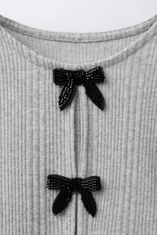 Grey marl | 0962/721/803 - Zara Футболка в рубчик SOFT TOUCH с бантами