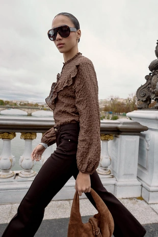 Brown / Ecru | 3897/186/087 - Zara Блуза в клетку с воланами