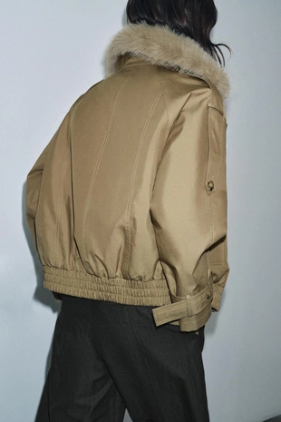 Light khaki | 3811/264/506 - Zara Стеганое пальто с воротником из искусственного меха — ZW COLLECTION