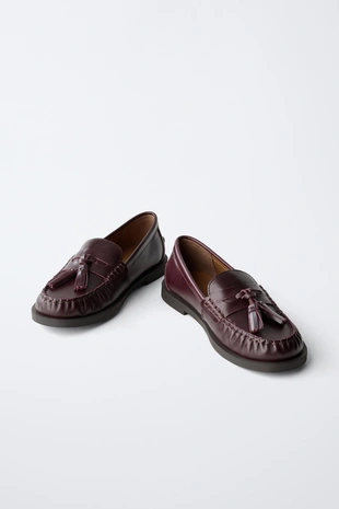 Burgundy Red | 4598/630/624 - Zara Лоферы с кисточками из кожи ограниченной коллекции
