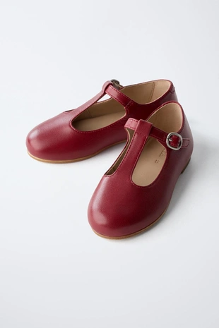 Burgundy Red | 6592/630/022 - Zara Туфли-балетки из ограниченной коллекции с застежкой на T-образной ленте из кожи