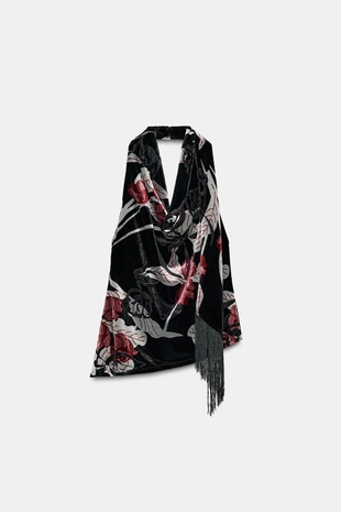 Black / Fuchsia | 4813/852/032 - Zara Топ с горловиной халтер и бахромой из бархата