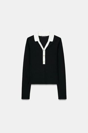 Black | 0085/853/800 - Zara Топ поло из ткани интерлок с контрастными элементами
