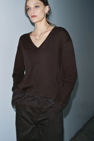 Brown | 2298/603/700 - Zara Комбинированная футболка с кружевом