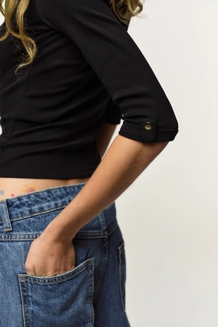 Black | 5644/484/800 - Zara Футболка в рубчик с пуговицами