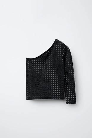 Футболка асимметричного кроя бесшовная со стразами- Заказать в России