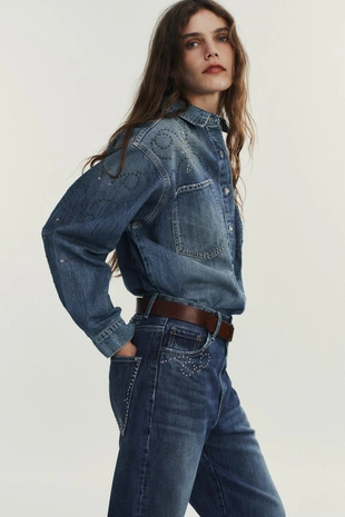 Джинсовая рубашка с заклепками- Заказать в России