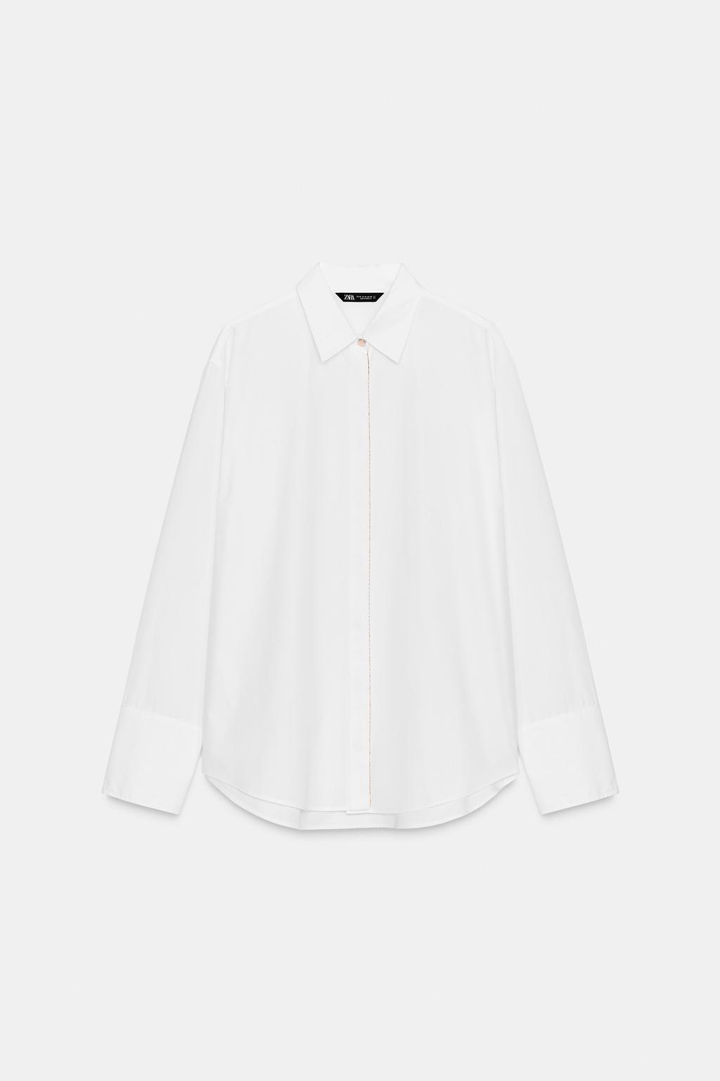 РУБАШКА ИЗ ПОПЛИНА С БУСИНАМИ НА ПЛАНКЕ