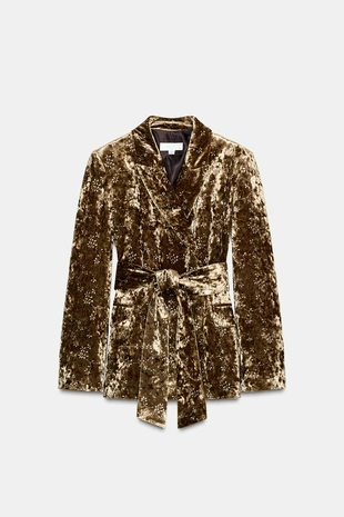 Блейзер из бархата с металлизированной нитью и поясом- Заказать в России