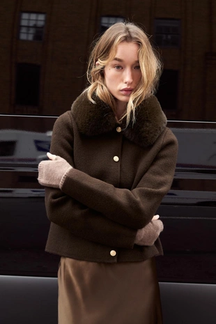 Трикотажный кардиган с воротником из искусственного меха- Заказать в России