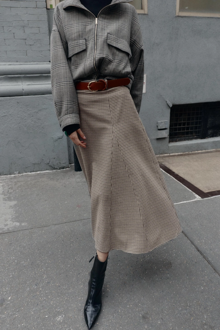 Юбка-карандаш с поясом в клетку гунтер средней длины