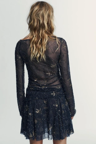 Топ из полупрозрачной ткани со сборками и вышивкой бисером- Заказать в России