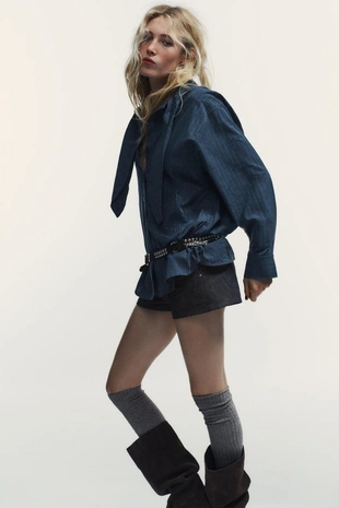 Хлопковая рубашка в клетку с шарфом- Заказать в России