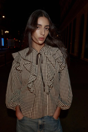 Блуза с воланами в клетку виши- Заказать в России