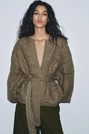 Вязаный кардиган с поясом- Заказать в России