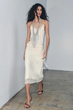 Трикотажная юбка миди с бусинами и кружевом- Заказать в России