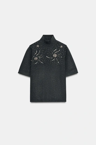 Свитер с бусинами и короткими рукавами- Заказать в России