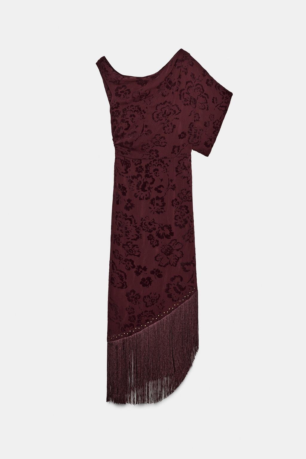 ПЛАТЬЕ МИДИ АСИММЕТРИЧНОГО КРОЯ С БАХРОМОЙ И ВЫТРАВЛЕННЫМ УЗОРОМ