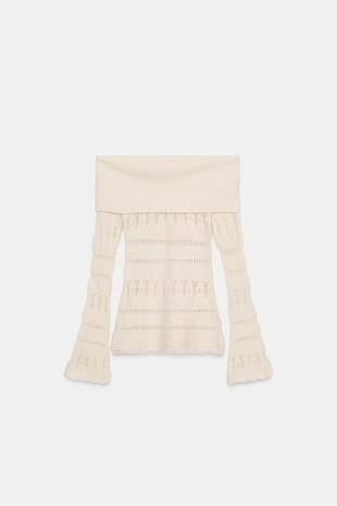 Джемпер с открытыми плечами и ажурной вязкой- Заказать в России