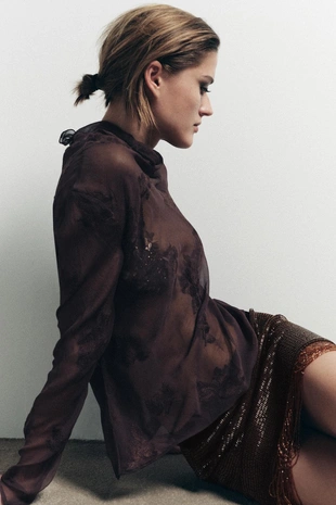 Рубашка полупрозрачная с цветочной вышивкой- Заказать в России