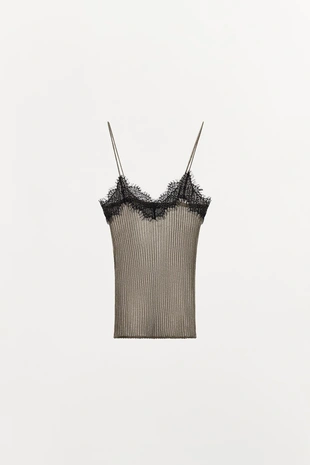 Трикотажный топ с блестящей нитью и кружевом- Заказать в России