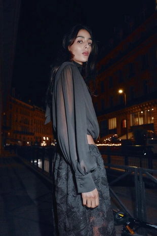 Полупрозрачный топ с драпированными рукавами-баллонами- Заказать в России