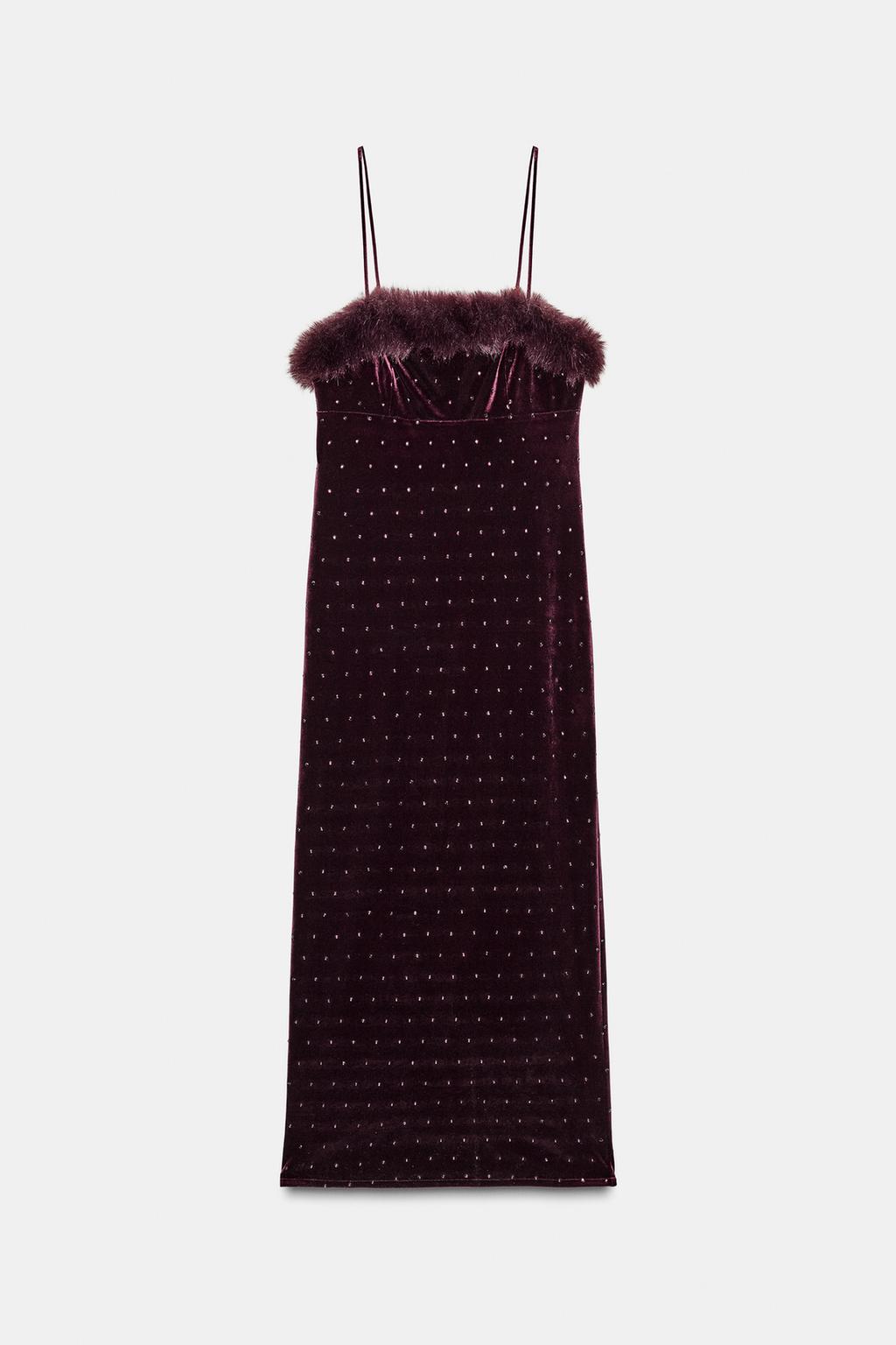 БАРХАТНОЕ ПЛАТЬЕ МИДИ С БУСИНАМИ И ВОРСИСТЫМ ЭФФЕКТОМ