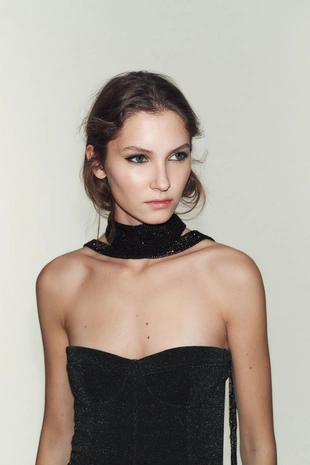 Топ без бретелей из эластичной ткани с блеском- Заказать в России