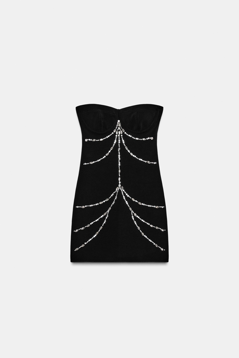 Платье из ткани с эластаном и драгоценными камнями