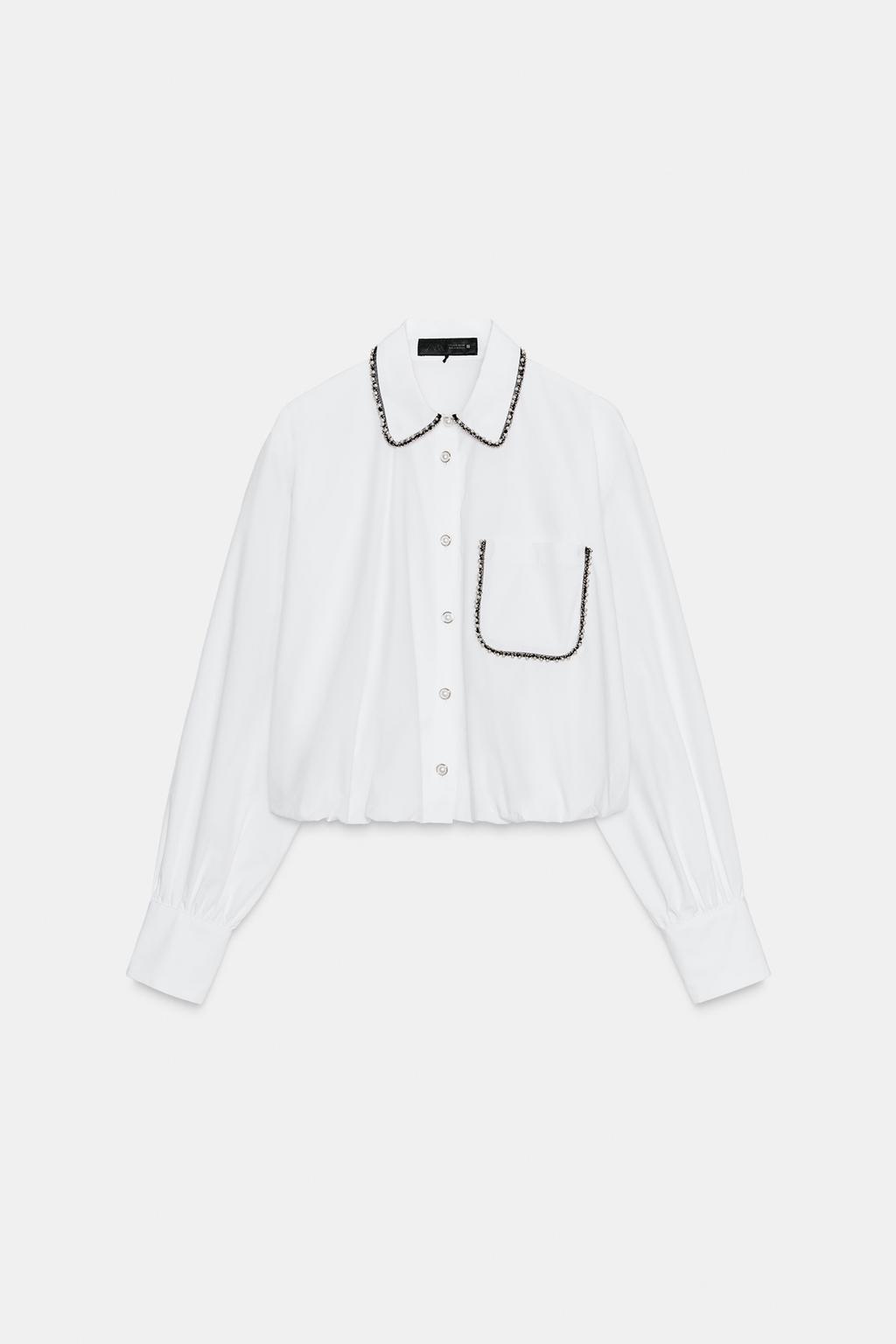 РУБАШКА ИЗ ПОПЛИНА С БУСИНАМИ И РУКАВАМИ «ФОНАРИК»