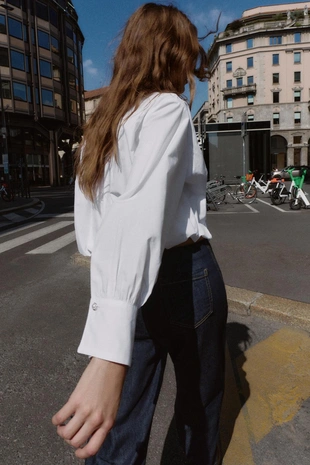 White | 9818/318/250 - Zara Рубашка из поплина с бусинами и рукавами «фонарик»