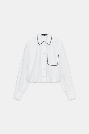 Рубашка из поплина с бусинами и рукавами «фонарик»- Заказать в России