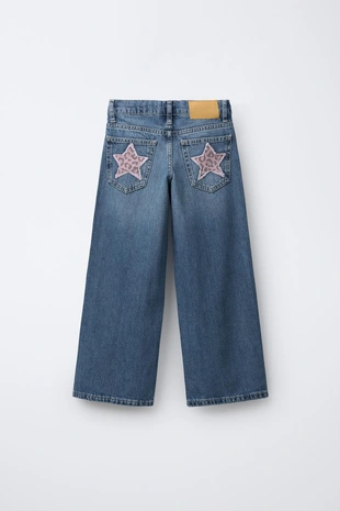 Джинсы WIDE LEG с нашивками и анималистическим принтом- Заказать в России